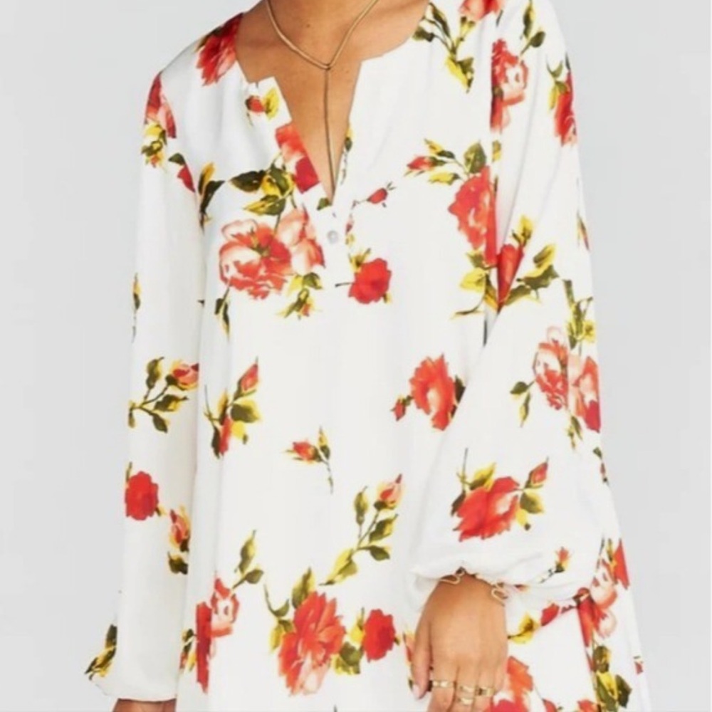 Show Me Your Mumu Floral V Neck Long Sleeve Tunic Feminine Blouse Size Medium